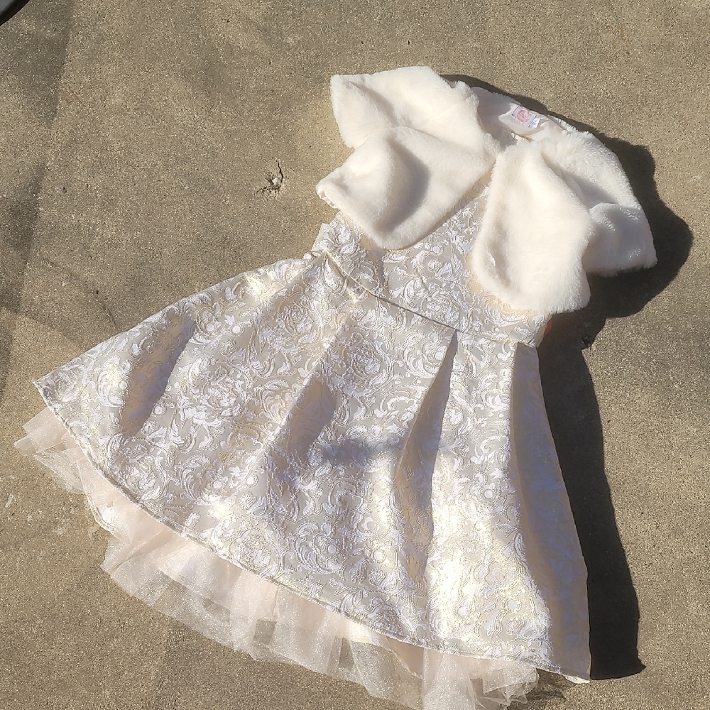 wonder nation Ivory and Gold Floral Brocade Dress with Faux Fur Bolero